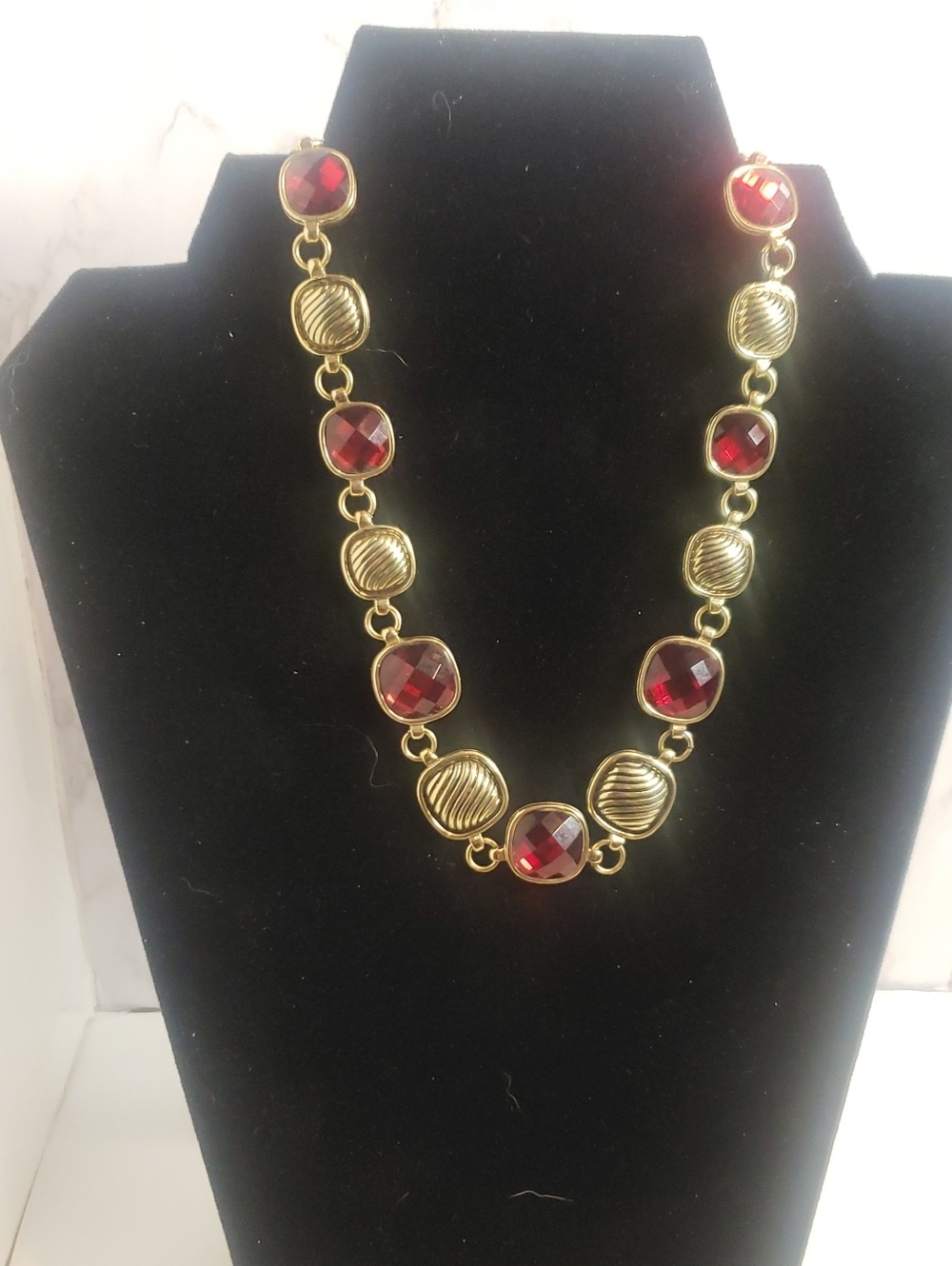 Vintage Gold-Tone Necklace with Faceted Red Stones